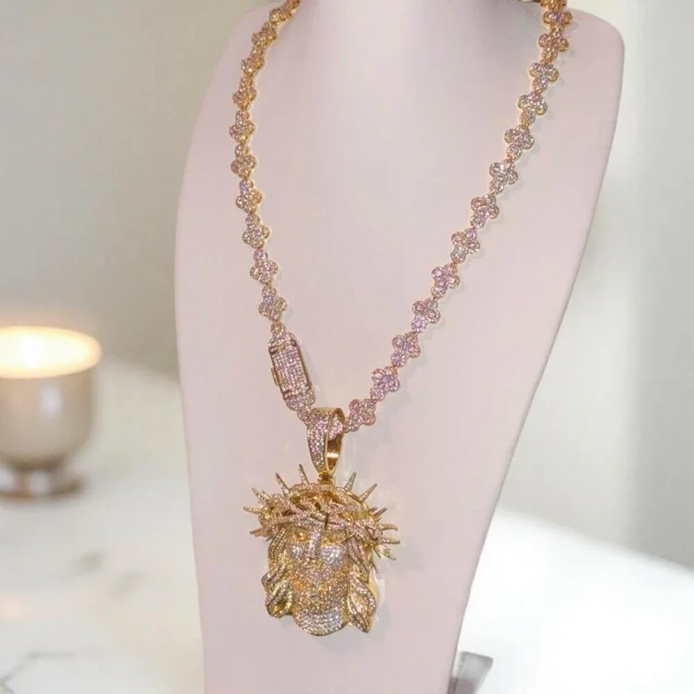 Gold Jesus Piece Pendant with cross tennis necklace 20inch